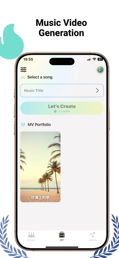 LyraAI app interface showing music video generation features and portfolio