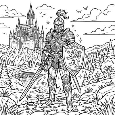 Prepare for an epic coloring journey with this detailed illustration of a majestic Gothic Knight. He stands in a grand, full-scene landscape, complete with a towering castle, winding river, and a lush forest waiting for your artistic touch.