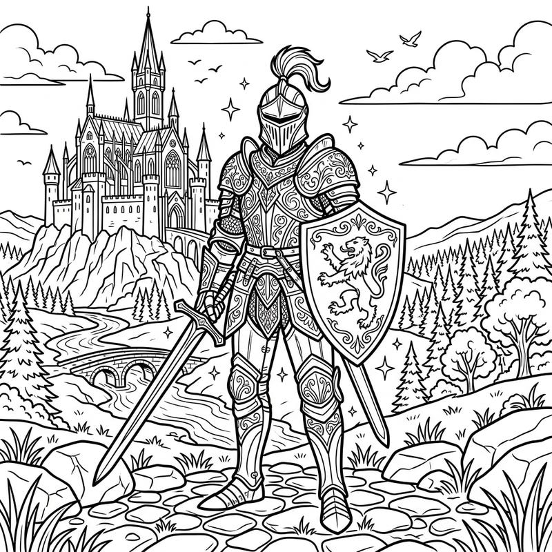 Prepare for an epic coloring journey with this detailed illustration of a majestic Gothic Knight. He stands in a grand, full-scene landscape, complete with a towering castle, winding river, and a lush forest waiting for your artistic touch.