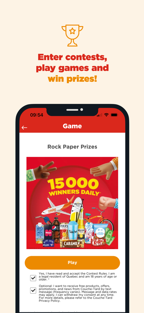 Couche-Tard - Couche-Tard app interface showing the Rock Paper Prizes game screen and daily contest rewards.