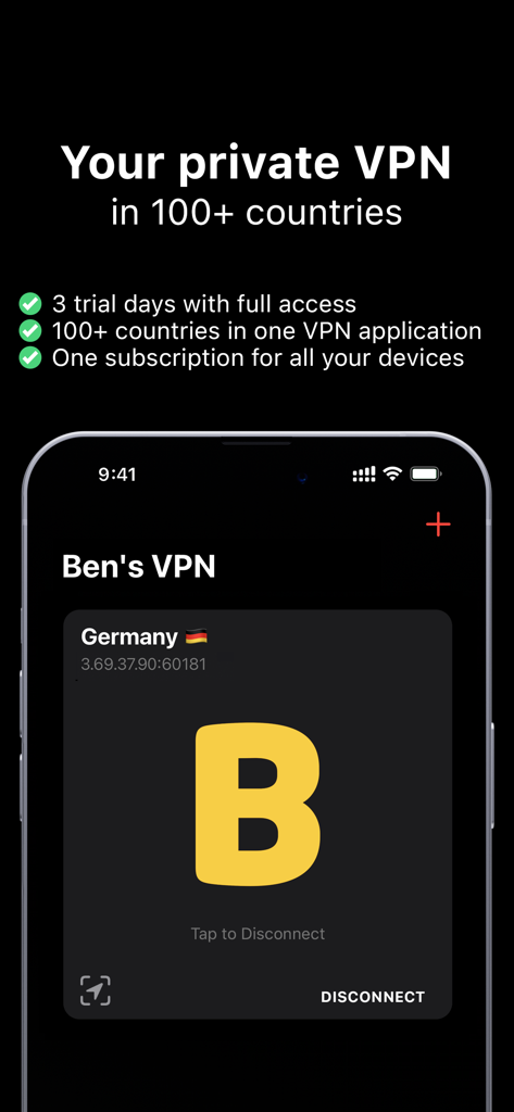 Bens VPN app interface showing connection to Germany server and 3 day free trial offer