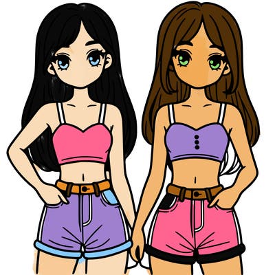 two sisters with crop tops and jean shorts and straight hair