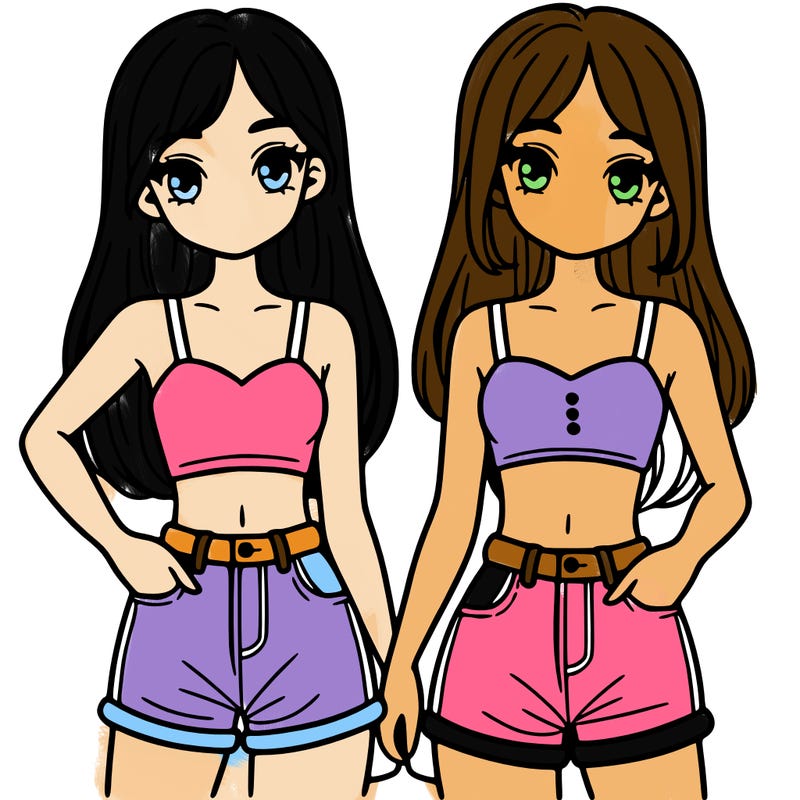 two sisters with crop tops and jean shorts and straight hair