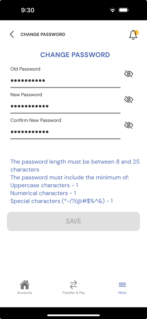 JPCCU iLink - JPCCU iLink app change password screen showing security requirements and input fields
