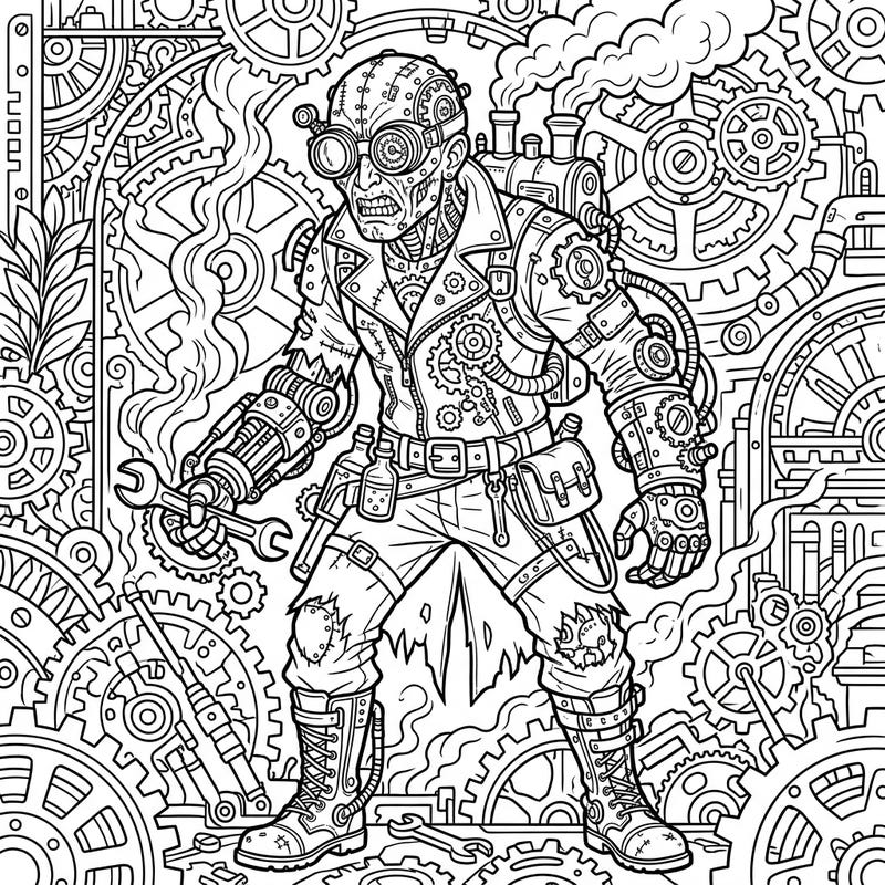 Enter a world where Victorian elegance meets a thrilling apocalyptic twist with our Steampunk Infected Human coloring page. This intricate design promises a uniquely engaging experience for those who love a dash of danger with their gears.