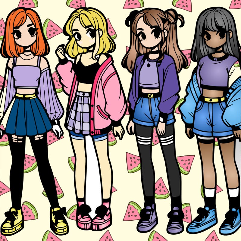 one girl with crop-top shirt and a jacket with a skirt, long socks and another girl with a shirt and pants with a jacket