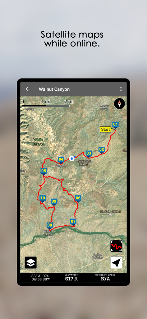 FunTreks 4x4 Offroad Trails - FunTreks app displaying a satellite map of an offroad trail in Walnut Canyon with numbered waypoints and elevation data