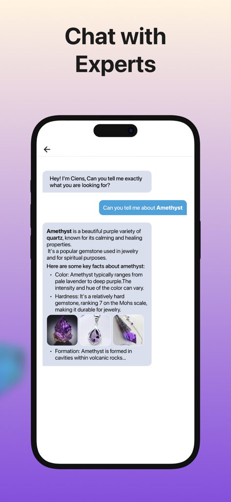 Stone Identifier. - Mobile app screen showing a chat with a stone expert providing detailed information about Amethyst.