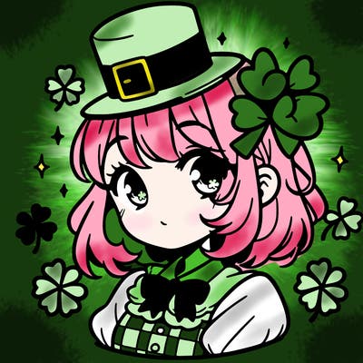 a manga-style girl with clovers around her, a little hat in her hair, like it's saint patrick's day