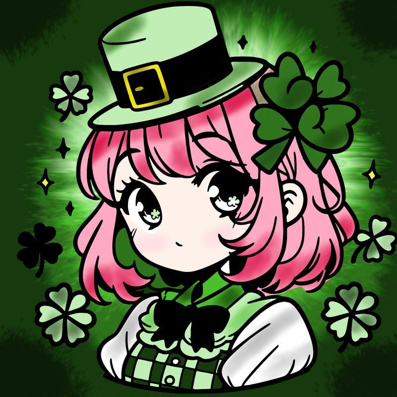 a manga-style girl with clovers around her, a little hat in her hair, like it's saint patrick's day