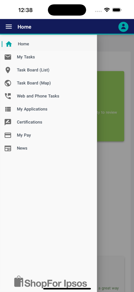 iShopFor Ipsos NEXT - Side navigation menu of the iShopFor Ipsos NEXT app showing mystery shopping task options