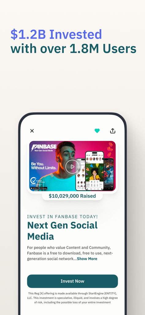 Pantalla de la app móvil StartEngine mostrando una oportunidad de inversión en la startup de redes sociales Fanbase con más de 10 millones de dólares recaudados