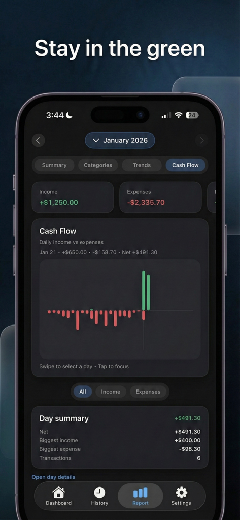 Daily cash flow report with income and expense charts in the Stash Flow app