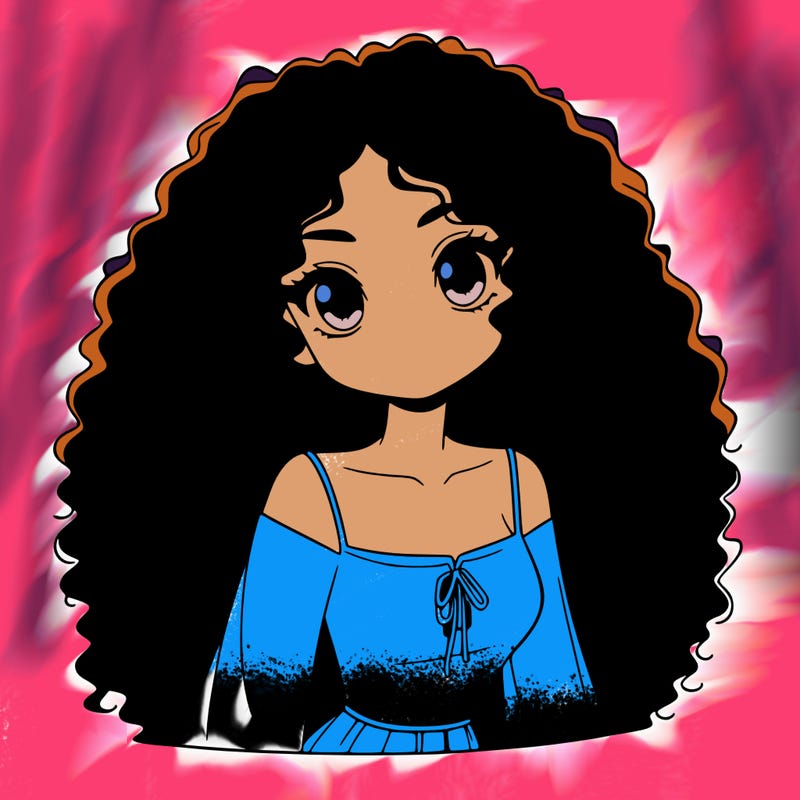 a black anime girl with long afro hair