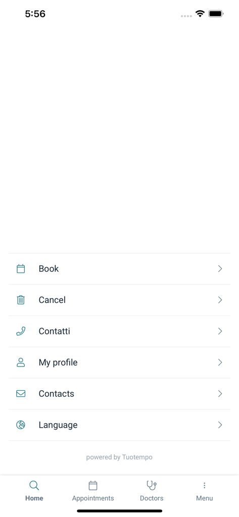VillaMargherita 의료 앱의 메인 메뉴, 예약 또는 취소, 의료 프로필 보기 옵션 포함.