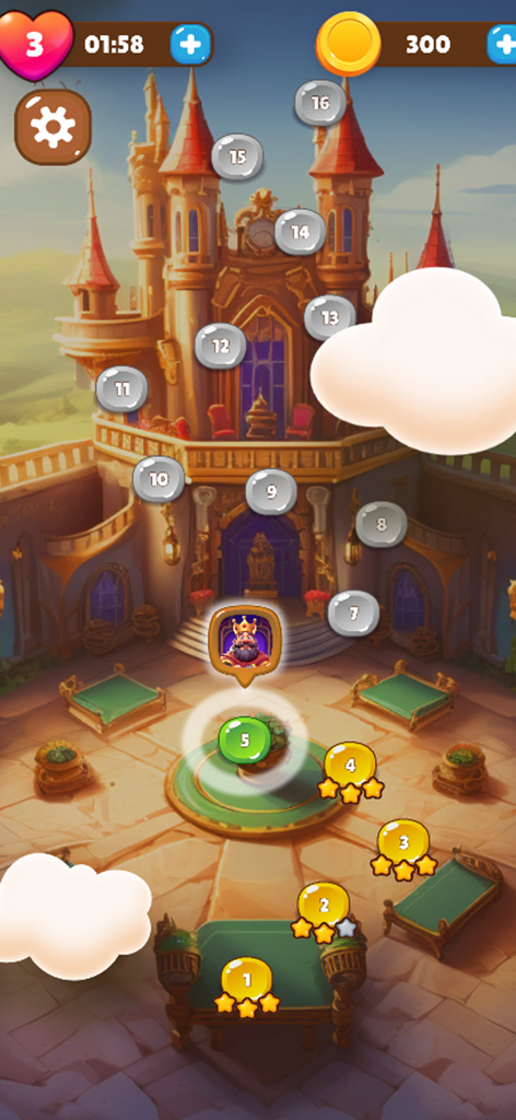 Castle Match: Royal Puzzle - Level map showing game progress inside a royal castle courtyard.