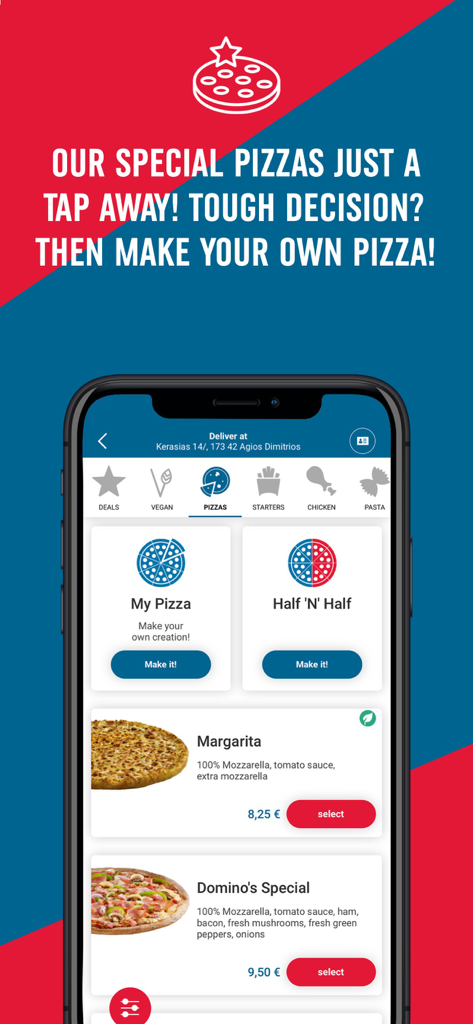 Domino's Pizza Greece app screen showing pizza menu categories and make your own pizza options