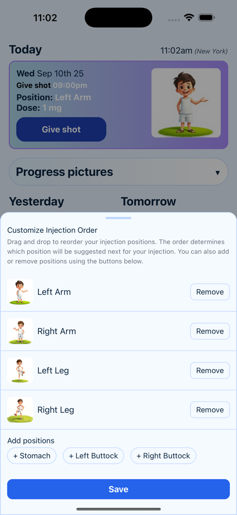 GH Tracker - GH Tracker mobile app screen showing options to customize the injection site rotation order for growth hormone treatment