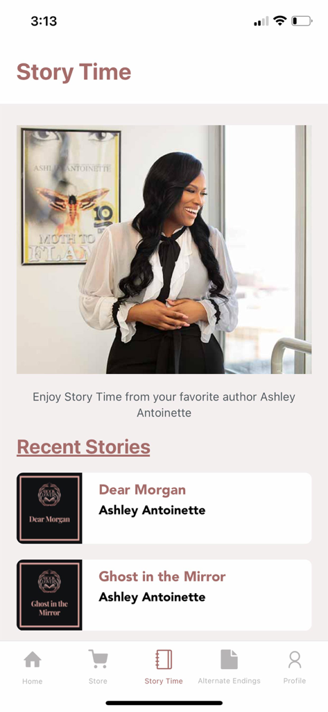 Screenshot of the Book Lovers App Story Time section featuring author Ashley Antoinette and recent stories like Dear Morgan and Ghost in the Mirror.