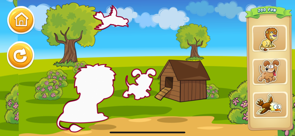 Zoo Fun - Matching Puzzle - Écran de jeu de puzzle d'association Zoo Fun pour tout-petits avec des silhouettes d'animaux et un paysage de dessin animé coloré.
