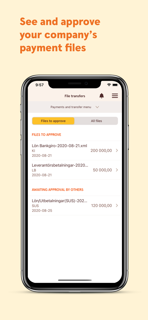Swedbank företag - Interfaz de la aplicación empresarial Swedbank que muestra archivos de pago pendientes y el estado de aprobación.