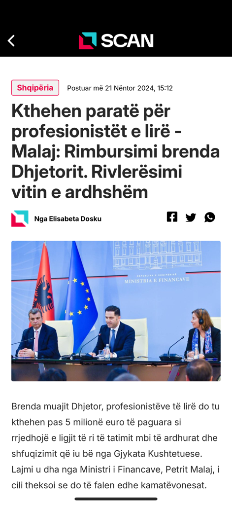ScanTv - ScanTv app interface displaying an Albanian news article about economic updates and financial reimbursements.