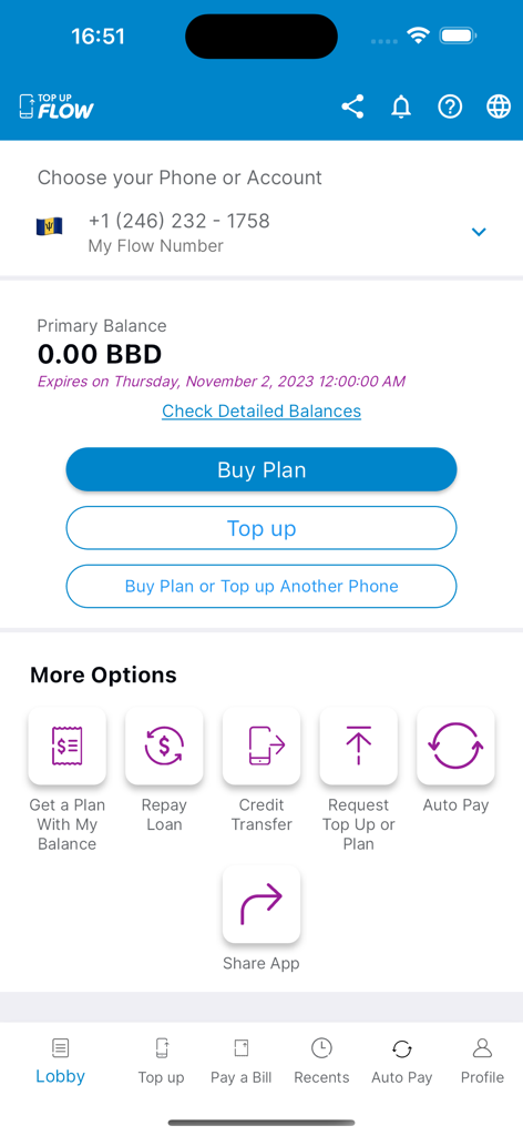 Topup Flow mobile app home screen showing account balance and options to buy plans or top up mobile credit