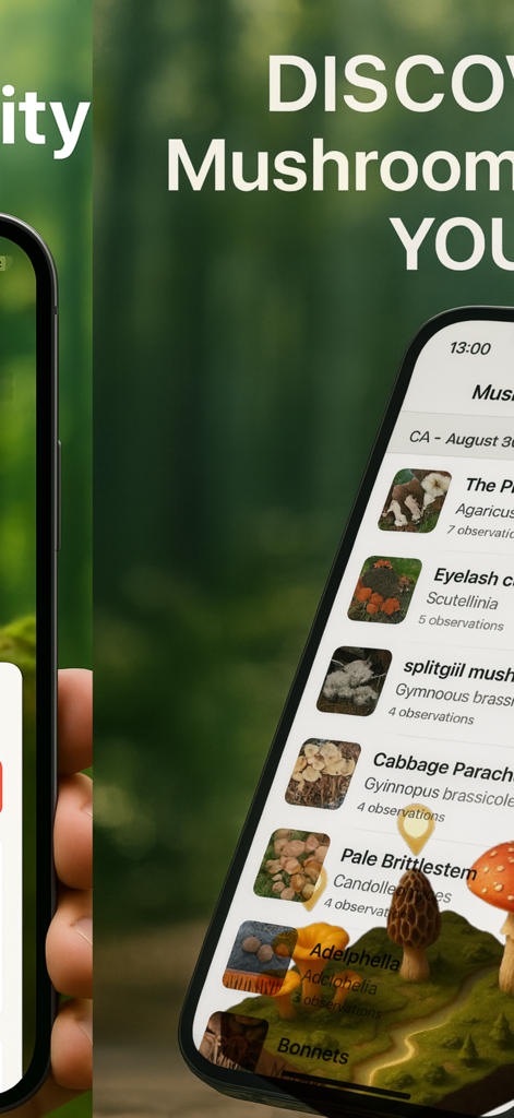 Mushroom Identifier: FungiSnap - FungiSnapアプリのインターフェースと、識別されたキノコのリストおよびインタラクティブなキノコ狩りマップを表示するスマートフォン画面