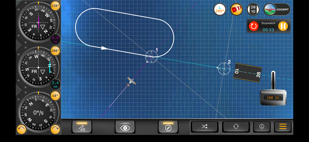 VOR + ILS Trainer – IFR Pilot - Aircraft navigation simulator showing VOR indicators and flight path on a map