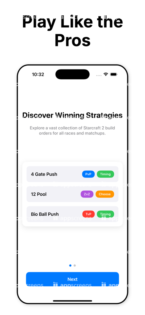 Una pantalla de aplicación móvil que muestra varias órdenes de construcción y estrategias de Starcraft 2 para diferentes enfrentamientos