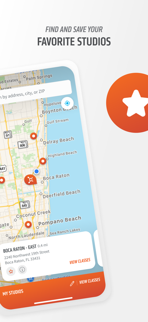 Mobile app map interface for locating and saving favorite Orangetheory Fitness studios.