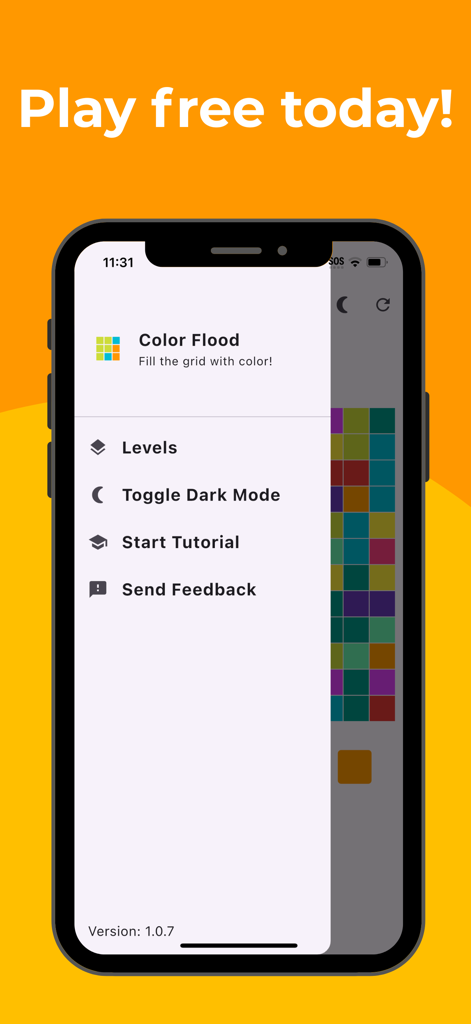 Color Flood: Logic Puzzle - Side menu screen of the Color Flood logic puzzle app showing levels and dark mode options