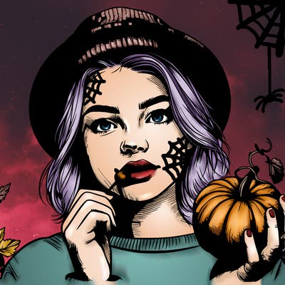 realistic teen girl with a pumpkin hat and is eating a miniature pumpkin