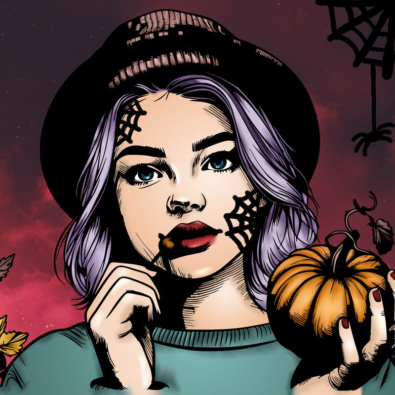 realistic teen girl with a pumpkin hat and is eating a miniature pumpkin