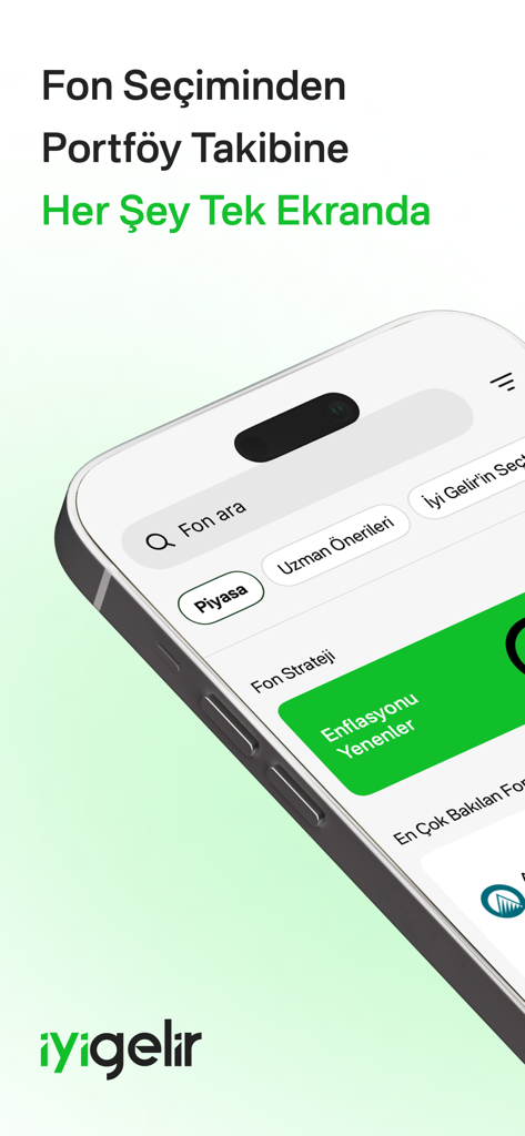 İyi Gelir - Iyi Gelir mobile app interface showing investment fund selection and portfolio tracking features on a smartphone