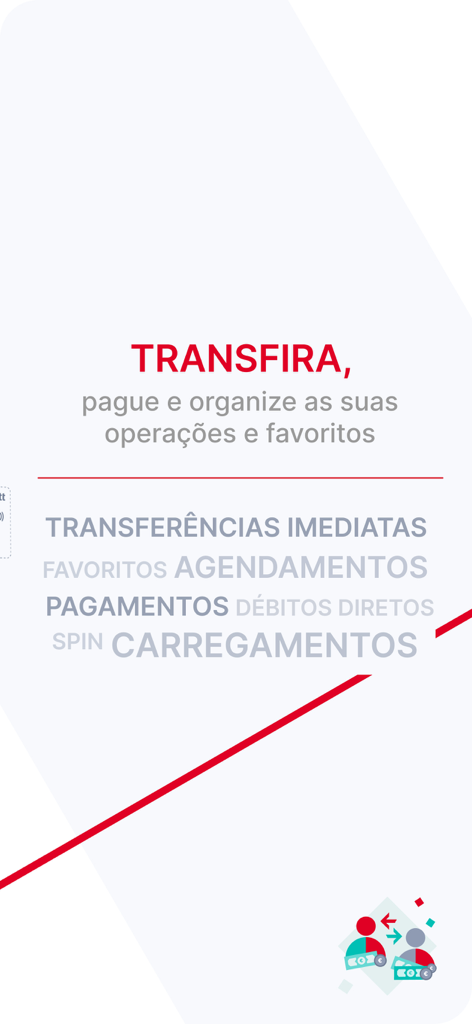 Pantalla de la aplicación Banco CTT que muestra funciones de banca móvil como transferencias y pagos