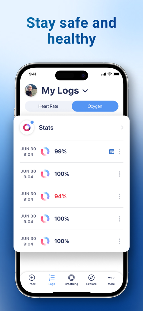 Blood Oxygen App - Screenshot of the Blood Oxygen App showing a history of oxygen saturation levels and logs with timestamps.