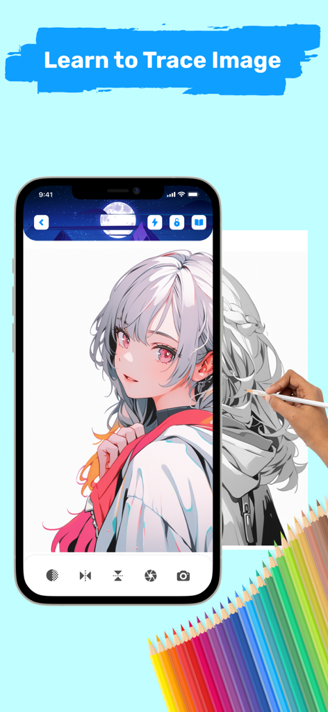 AR Draw to Sketch Photo - AR Drawing app interface showing a user tracing an anime character image onto paper using their smartphone camera