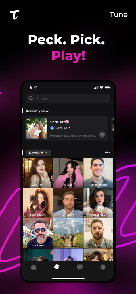 Tune - Livestream & Chat - Screenshot of the Tune app discovery screen showing a grid of user profiles and talented hosts