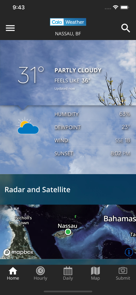 CalaWeather - CalaWeather app interface showing current temperature and satellite radar map for Nassau