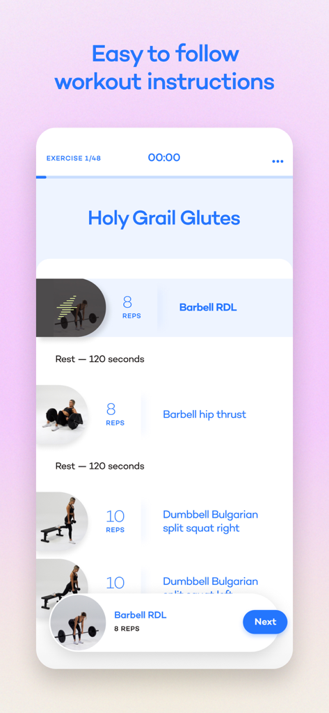 A screenshot of the Alive app showing a glute workout routine with exercises and reps
