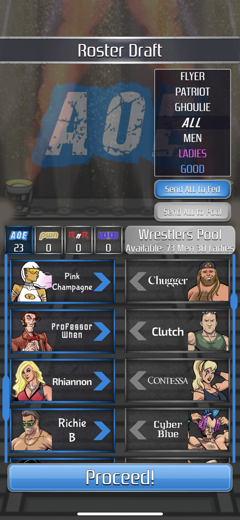 Modern Mania Wrestling GM roster draft screen showing character selection and wrestler pool