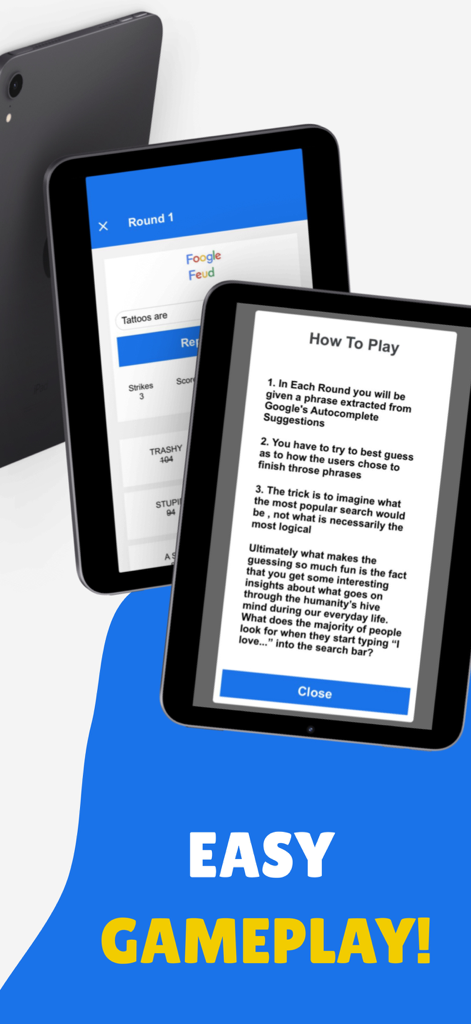 Foogle Feud: Guess & Win - Foogle Feud app interface showing game rounds and how to play instructions