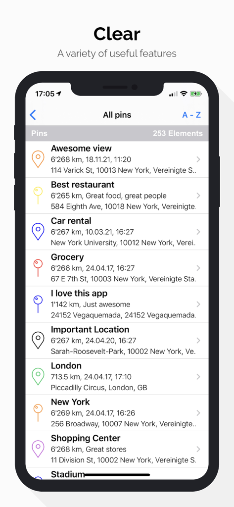 iPhone screenshot showing a list of categorized map pins with custom icons and addresses in the Contact Map app