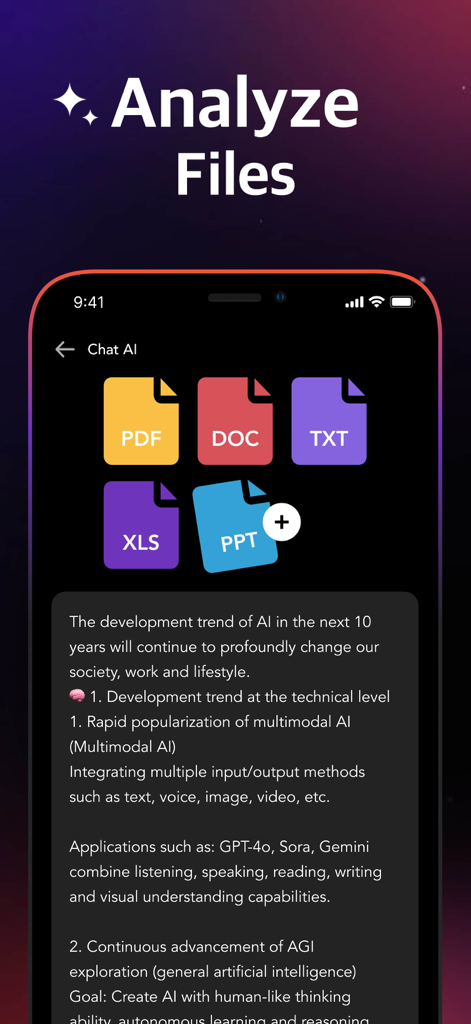 Gamm.AI - AI Chatbot Assistant - Una pantalla de aplicación móvil titulada Analizar Archivos que muestra íconos para archivos PDF, DOC, TXT, XLS y PPT con un resumen de documento generado por IA debajo