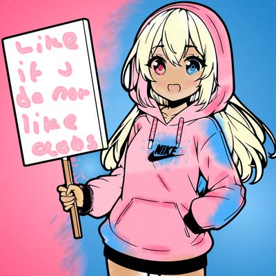 anime girl wearing a hoodie and nikes holding a blank sign