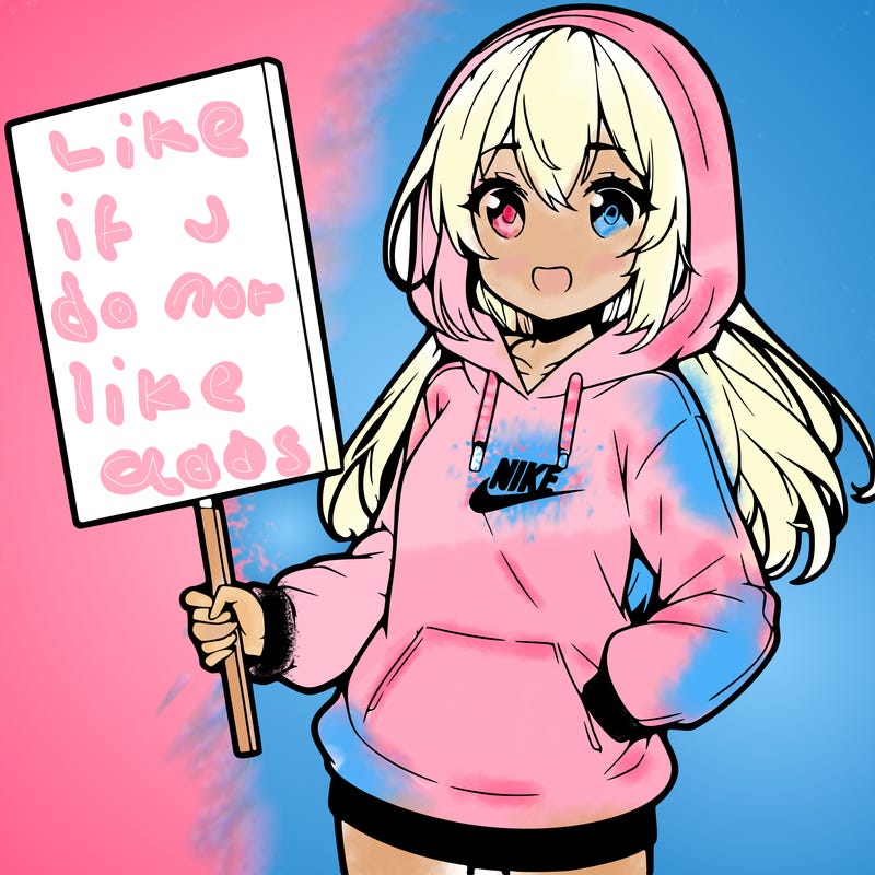 anime girl wearing a hoodie and nikes holding a blank sign