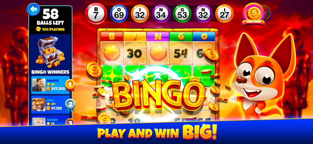 Xtreme Bingo! Slots Bingo Game - Écran de jeu Xtreme Bingo montrant une carte de bingo, un personnage de renard de dessin animé et un classement des gagnants