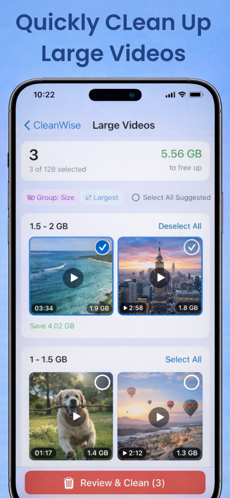 CleanWise: Storage Cleaner - CleanWise interface displaying large video files categorized by size for storage cleanup