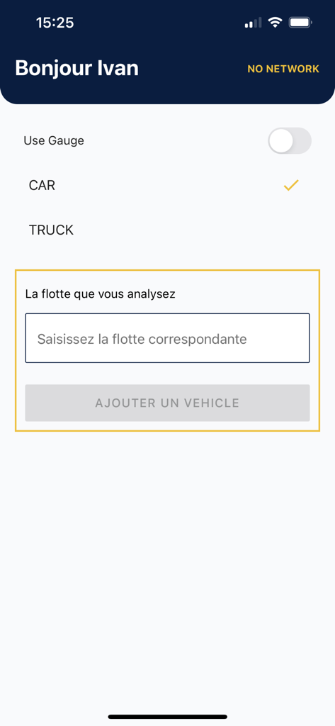 CaRool FleetCheck - Interface for selecting vehicle type and adding a vehicle to a fleet within the CaRool FleetCheck app.